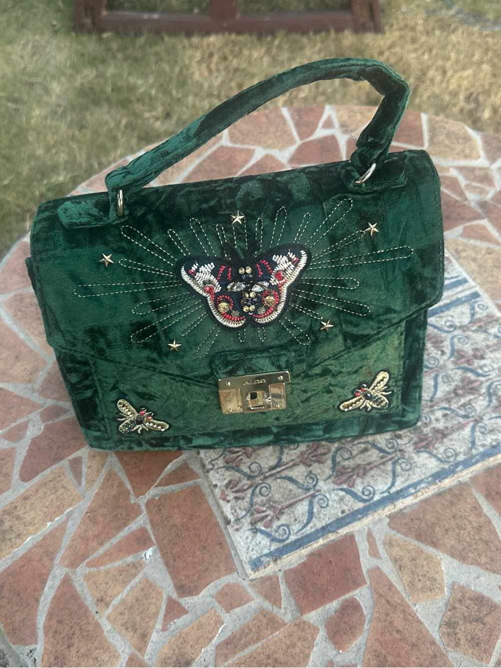 ALDO Emerald Green Velvet Top Handle Bag Embroidered Butterfly Bee